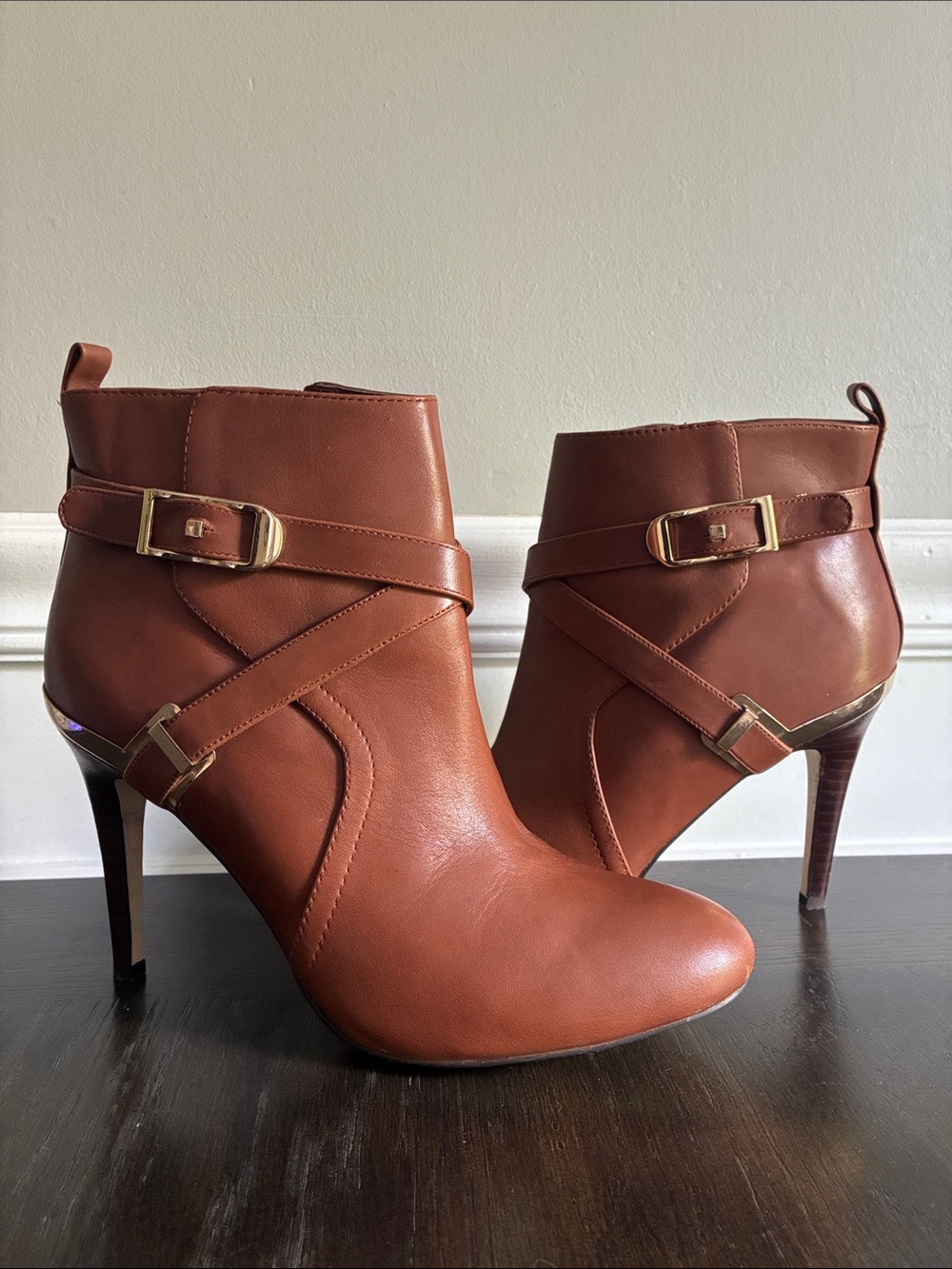 Marc Fisher Tan Leather High-Heel Ankle Boots with Gold Buckle